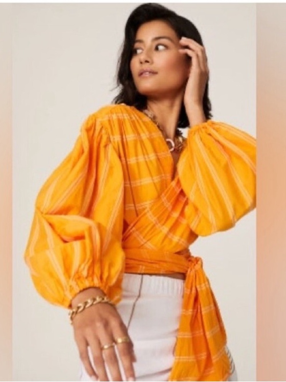 Acler FWRD Orange Striped Wrap Blouse with Balloon Sleeves size US 6